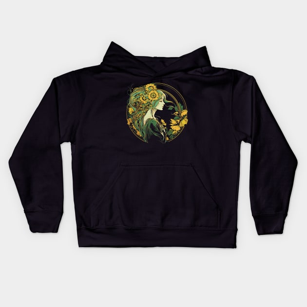 Cottagecore Aesthetic Sunflower Girl Kids Hoodie by Apocatnipse Meow